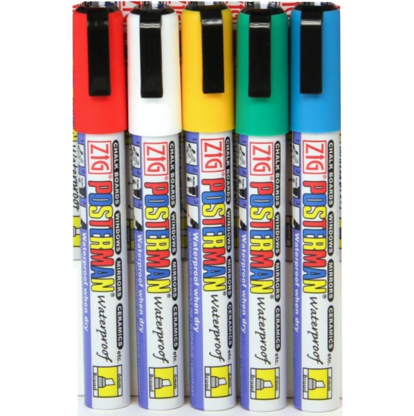 Posterman Pack of 5 Assorted Colour Waterproof Chalk Pens - 6mm Nib